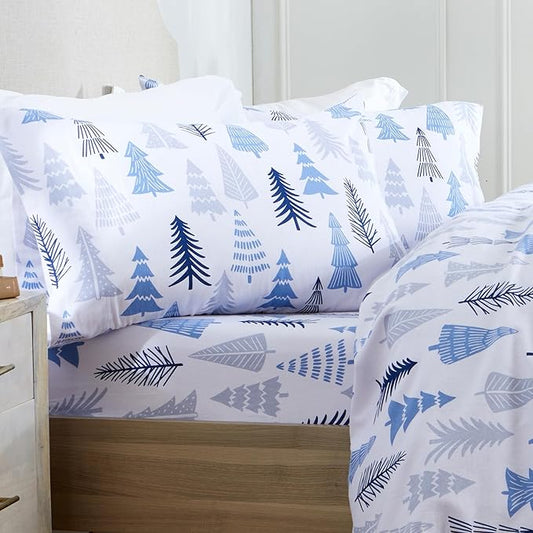 Market & Place 100% Turkish Cotton Flannel Sheet Set | 4 Piece Deep Pocket Novelty Cozy Winter Bed Sheets | Double Brushed for Extra Softness & Comfort | Alpine Collection (King, Blue Forest)