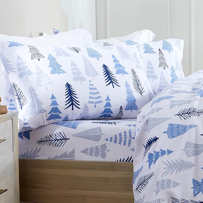 Market & Place 100% Turkish Cotton Flannel Sheet Set | 3 Piece Deep Pocket Novelty Cozy Winter Bed Sheets | Double Brushed for Extra Softness & Comfort | Alpine Collection (Twin, Blue Forest)