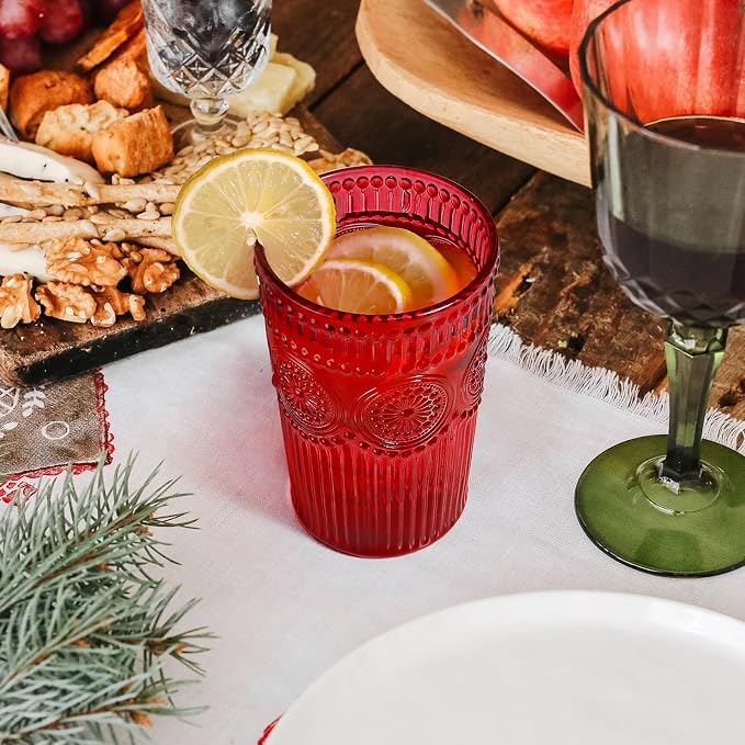 Loivttvv 12pcs Vintage Drinking Glasses Set, 12 oz Highball Glasses & 9 oz Embossed Ribbed Glassware Cups for Cocktail, Water, Juice, Coffee, Whiskey (Christmas Red)