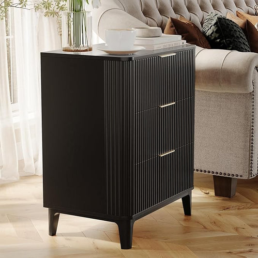 3 Drawer Fluted Dresser for Bedroom, Modern Closet Dressers Chest of Drawers, 23.6" Rustic Wood Nightstand 3-Drawer Dresser Bedside Table, Curved End Table with 3 Large Drawers for Living Room Black