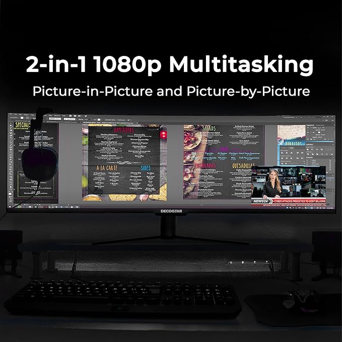 Deco Gear Curved 49” Super Ultrawide Gaming Monitor, 32:9 WDFHD 3840×1080, 144Hz, 4ms, 3000:1 VA, HDR400, Adaptive Sync, USB-C 65W, HDMI/DP, PBP/PIP, KVM, 1800R, American Seller