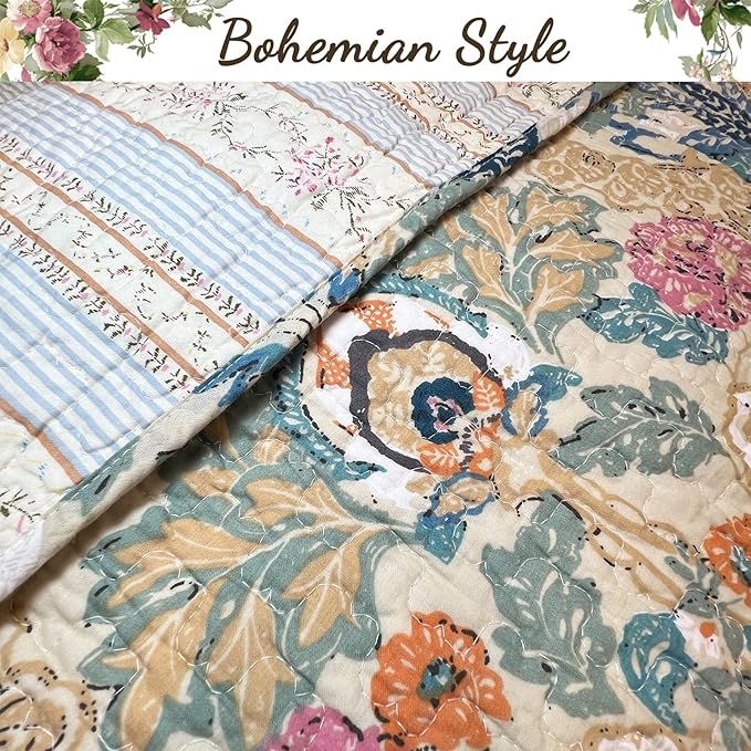Cozy Line Home Fashions Luxury Classic Bedding Quilt Set, 100% Cotton Beige Blue Floral Pink Flower Bohemian Style Reversible Bedspread Coverlet (Art Painting, Queen - 3 Piece)