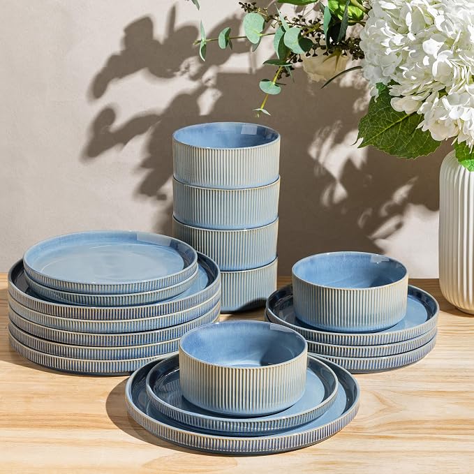 GBHOME 12-Piece Stoneware Dinnerware Set for 4 – Ribbed Ceramic Plates and Bowls, Scratch-Resistant, Microwave & Dishwasher Safe, Reactive Glaze, Alaskan Blue
