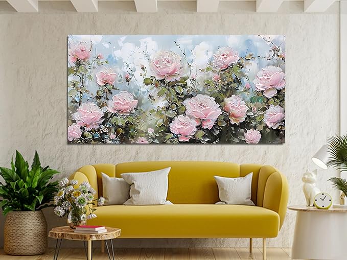 Ardemy Flower Wall Art Canvas Art Wall Decor, Floral Painting Textured Picture Living Room, Pink Rose Artwork Framed for Bedroom Kitchen Dining Room Home Office Decor Extra Large 58"x29"