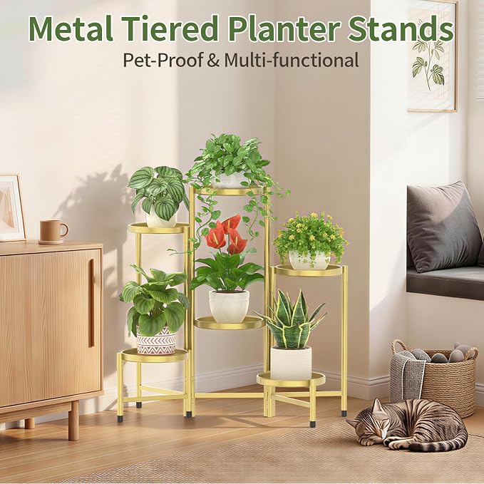 LASZOLA 6 Tier Large Plant Stand Indoor Tall with 10 Inch Metal Tray, Corner Folding Flower Display Rack, Modern Plant Holder Shelf for Outdoor Patio Porch Garden Office Living Room, Gold