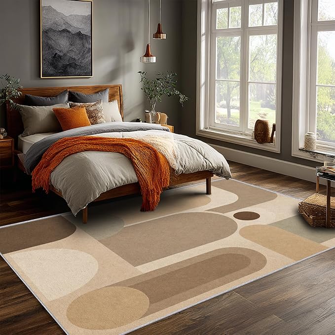 Neutral Geometric Area Rug 5x8, Mid Century Modern Abstract Rug, Soft Taupe Beige Color Block Washable Low Pile Non Slip Rug for Living Room Bedroom