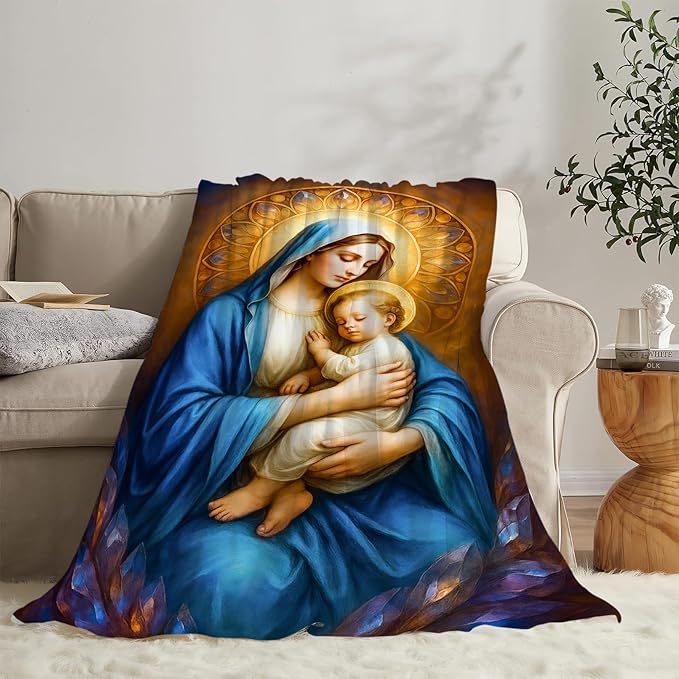 Virgin Mary Blanket Mother of God Throw Blanket Catholic Religious Soft Cozy Fleece Fuzzy Christian Stuffed Plush God Faith Flannel Gifts for Girls Women Boys Kids Adults 50"X60"