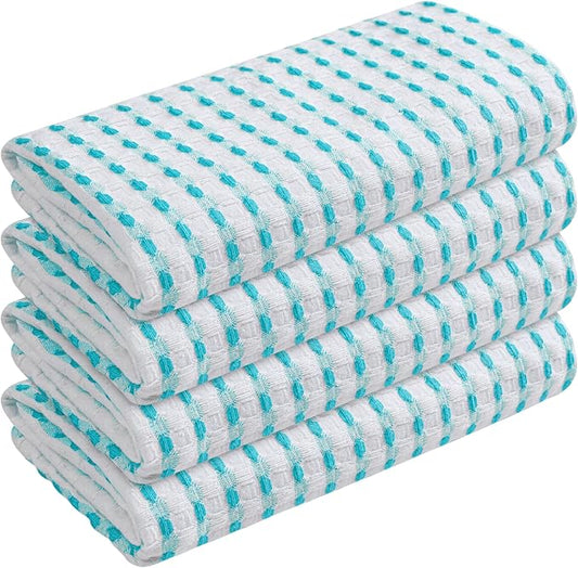 TWINY threads Waffle Kitchen Towels 4 Pack, 100% Cotton 16x26 Dishcloth Set, Highly Absorbent & Quick Dry Tea Towels for Drying Dishes, Cleaning Counters & Everyday Use, Aqua Blue, White