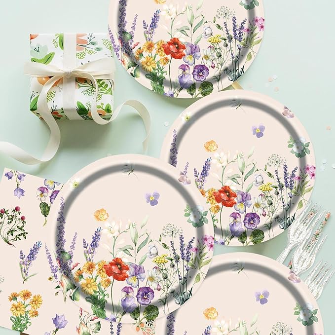 75pcs Floral Disposable Tableware Set, Spring Floral Paper Party Plates Napkins Forks Watercolor Flower Dinnerware Favors for Baby Shower Girls Women Birthday Tea Picnic Serve 25 Guests