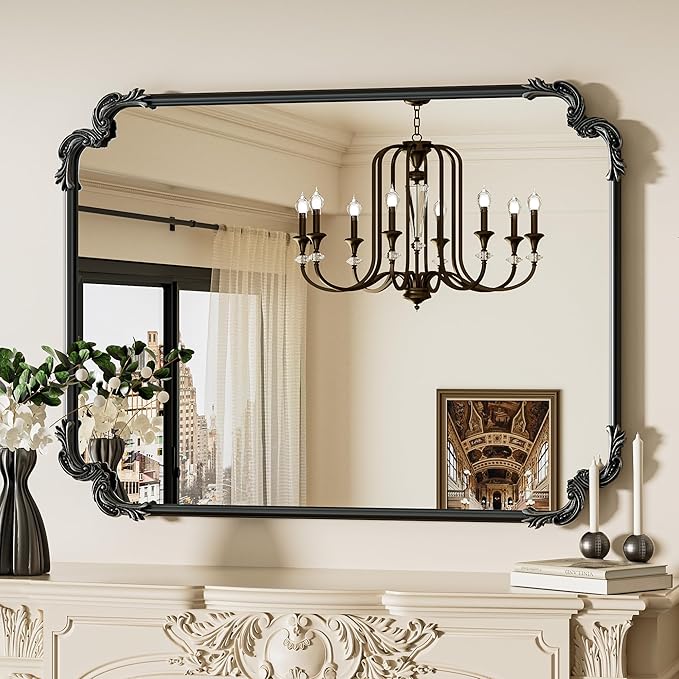 TETOTE Baroque Antique Black Scroll Wall Mirror 40 x 30 Vintage Rectangle Framed Baroque French Rectangular Mirror for Mantle Fireplace Bathroom Living Room, Horizontal/Vertical