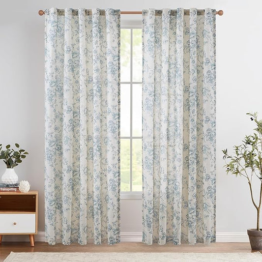 jinchan Linen Blend Curtain Floral Curtains for Living Room 84 Inch Length Blue Printed Curtain Rod Pocket Back Tab Farmhouse Peony Flower Patterned Drapes Bedroom Window Curtains Set 2 Panels