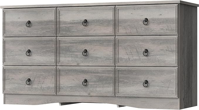 9 Drawer Dresser for Bedroom, 63'' Grey Chest of Drawers Wood, Large Storage for Clothes, Vintage Design, for Living Room, Bedroom, Hallway