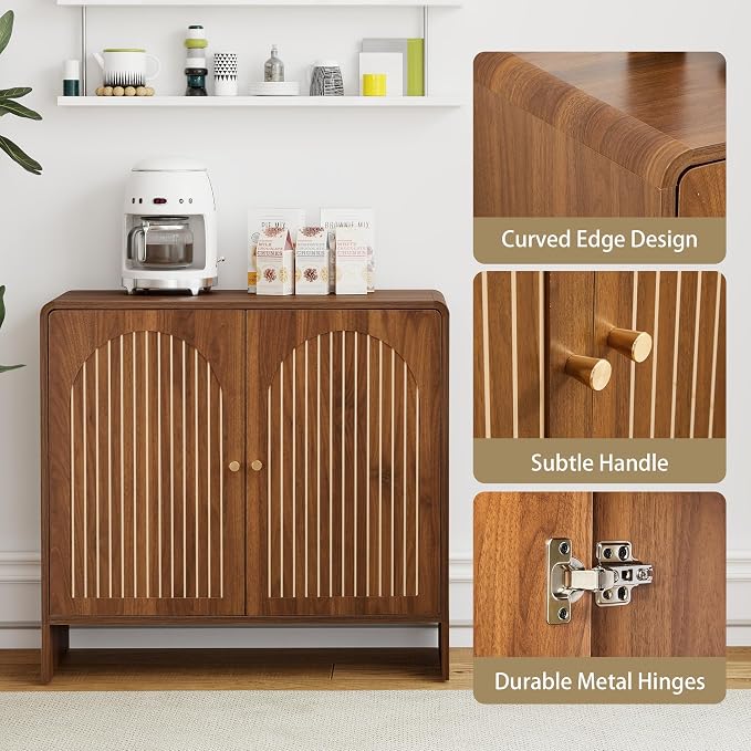 Sideboard Buffet Cabinet with Storage, Wood Arched Storage Cabinet with 2 Doors and Adjustable Shelf, Small Curved Entryway Accent Cabinet for Living Room Hallway Kitchen Dining Room, Walnut