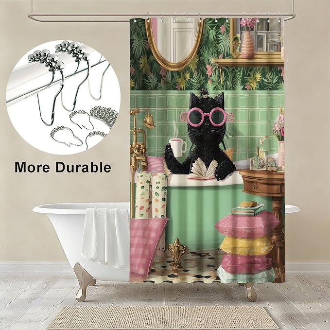 Funny Cat Shower Curtain Cute Kitten Taking Bath Shower Curtains for Bathroom Waterproof Fabric Bath Curtain Decor with Hooks