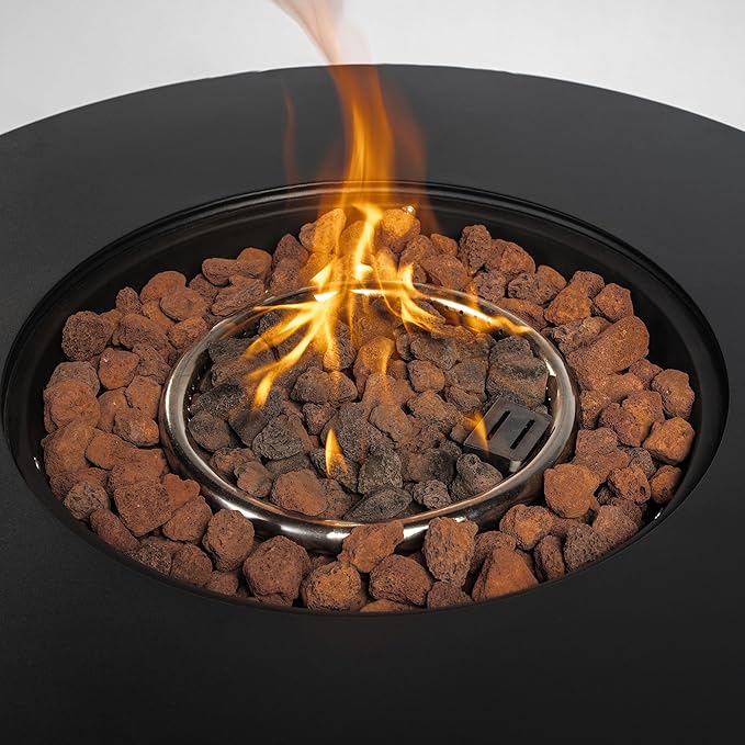 30" Propane Gas Fire Pit Table, 50000 BTU Round Steel Fire Pit with Lid & Glass 2 in 1 Fire Pit Table Rock for Outside Patio Deck Garden Courtyard