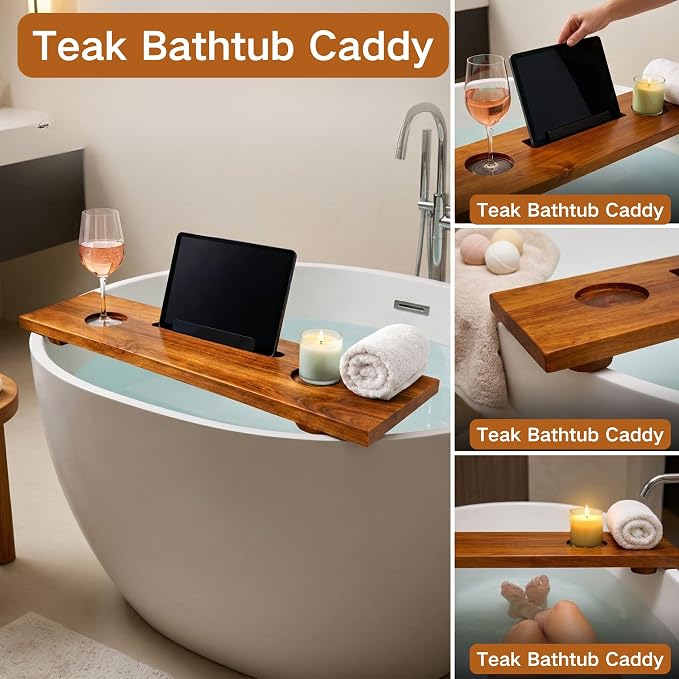 Teak Bathtub Tray for Tub, 40" Solid Teak Wood Bath Caddy Tray with Tablet & Wine Glass Holder, Water-Resistant Bath Tub Tray Wood for Spa Bathroom Accessories
