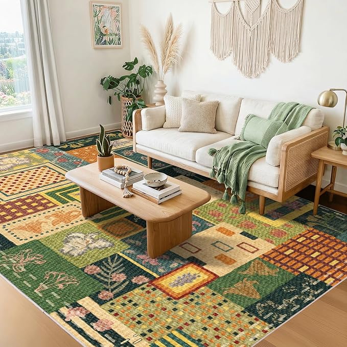 Flowers Patchwork Area Rugs for Living Room,Washable 5x7 Vintage Cottagecore Botanical Rug, Green Boho Carpet, Non-Slip Low Pile Rug for Bedroom Dining Room Office Home Hardwood Floor