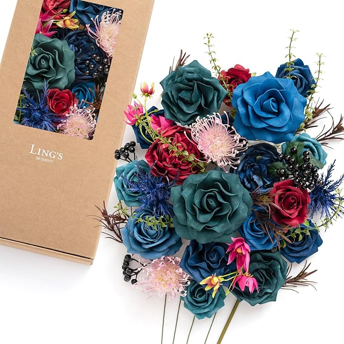 Ling's moment Fake Flowers Box, Foam Roses Artificial Fern Berry Faux Greenery Stems for Wedding Bouquets Centerpieces Table Decorations Floral Arrangement, Navy Blue & Pink, Deluxe Combo