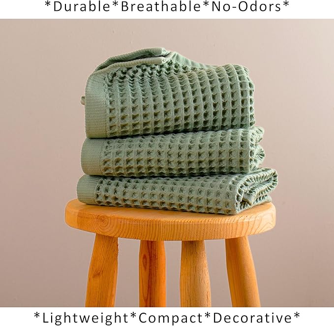 PÜSKÜL Natural 100% Turkish Cotton Waffle Kitchen Towels Set of 3 | Oeko-Tex, Premium Waffle Hand Towels for Bathroom | Soft Absorbent Quick-Dry Lint-Free Dish Towel Large 32x16 inch (3, Sage Green)
