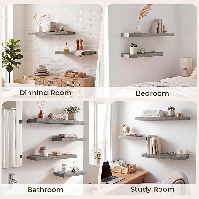 RICHFOCUS 8 Inch Floating Shelves for Wall Small Square Shelves Set for Bedroom|Kitchen|Bathroom|Laundry Room Rustic Wood Wall Mounted Shelf with Invisible Brackets for Books|Storage|Decor, Grey