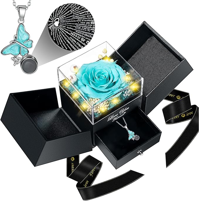 DRTINA Preserved Blue Real Rose with I Love You Butterfly Necklace-Eternal Flowers Rose Birthday Gifts for Wife Women Mom Girlfriend Grandma on Mothers Day Anniversary Christmas Valentines Romantic