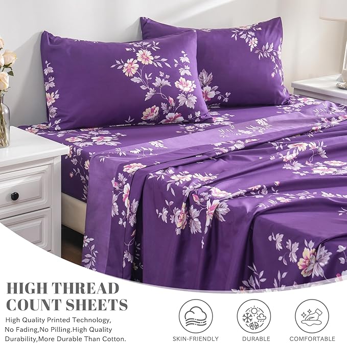 Bedlifes Queen Sheet Set Ultra Soft, Breathable, Silky Flower Deep Pocket 100% Microfiber Bedding, 4 Piece Queen Size Dark Purple Floral