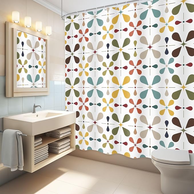 White Boho Mid Century Shower Curtain Bathroom Set 71Wx71H Inches Modern Vintage Abstract Bohemian Colourful Geometry Retro Bath Accessories Aesthetic Girly Art Home Decor Fabric 12 Pack Hooks