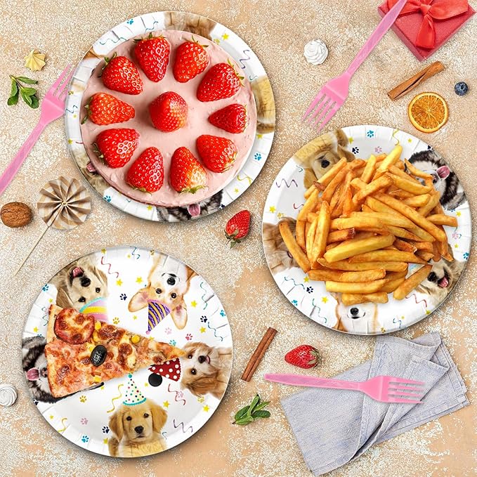 48Pcs Cute Dog Birthday Party Decorations Tableware Inculde Plates Napkins Forks for Birthday Pet Party and more party Serve 16 Guests