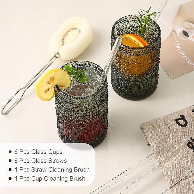 ZMOWIPDL Vintage Glassware Drinking Glasses Set of 6,15 oz Hobnail Glass Cups,Embossed Grey Water Tumbler,for Beer,Cocktail,Whiskey,Juice and Various Mixed Drinks- 1 Cleaning Brush
