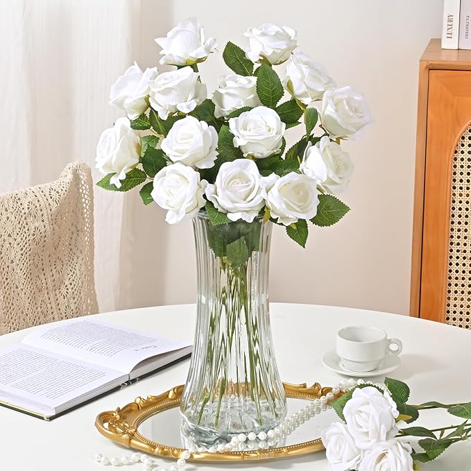 Waipfaru 100 Pcs White Roses Artificial Flowers Bulk, Real Touch Velvet Roses with Wrapping Paper, Fake Flowers for Wedding Centerpieces Bridal Bouquet Valentines Mothers Day Decor