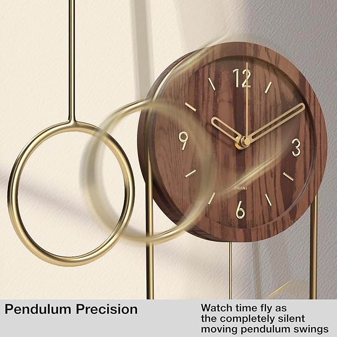 Driini Decorative Wall Clock with Pendulum (Walnut) – Modern Wood, 3D Gold Numbers, Metal Frame – Small, Unique Wall Clocks for Living Room Decor or Bathroom - Battery Operated, Silent, Non-Ticking