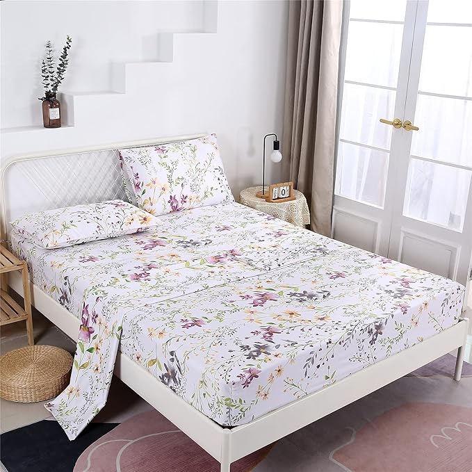 RYNGHIPY Cotton Floral Bed Sheet Set Queen Size Botanical Flowers Print Bedding Shabby Garden Floral Bed Sheets