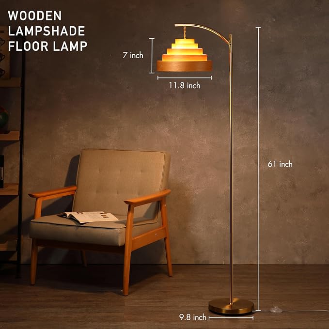 O’Bright Strata Wooden Floor Lamp - Mid Century Modern Standing Lamp with Layered Wood Shade, Tall Reading Lamp for Living Room, Bedroom, Office, Antique Brass, Light Oak, Cascade Shade