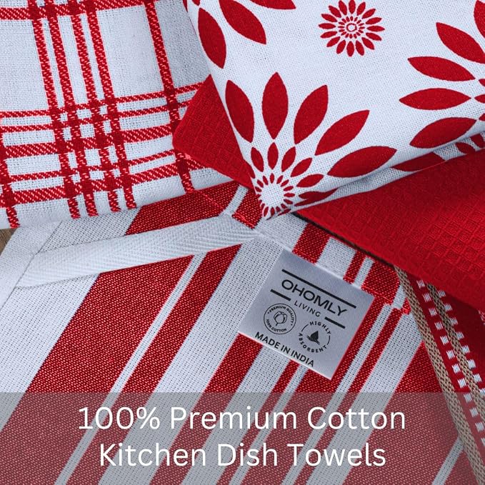Assorted Kitchen Towels Set of 5-100% Cotton Dish Cloths Towels with Hanging Loop - Soft, Absorbent & Washable for Kitchen Use - Quick Drying Dish Towels 16x26 Inch Red