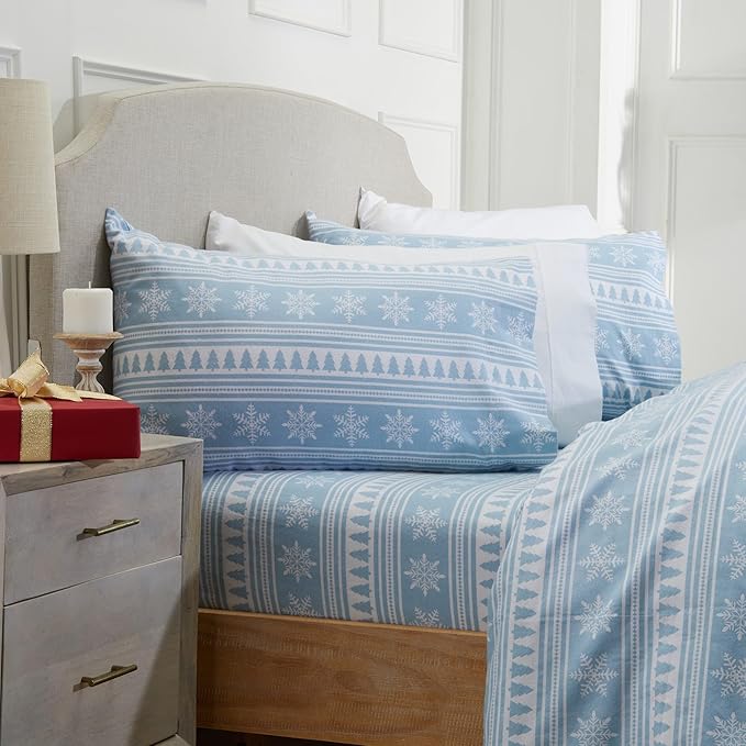 Market & Place 100% Cotton Queen Flannel Sheet Set | 4 Piece Deep Pocket Novelty Cozy Winter Bed Sheets | Double Brushed for Extra Softness & Comfort | Alpine Collection (Queen, Striped Snowflake)