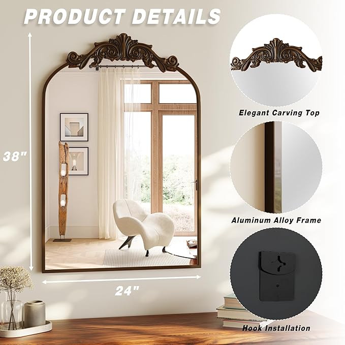 VooBang Vintage Arched Bathroom Mirror, 24x36 Inch Retro Wall Mounted Vanity Mirror with Carved Pattern Top and Metal Frame, Antique Decorative Mirror for Hanging or Leaning