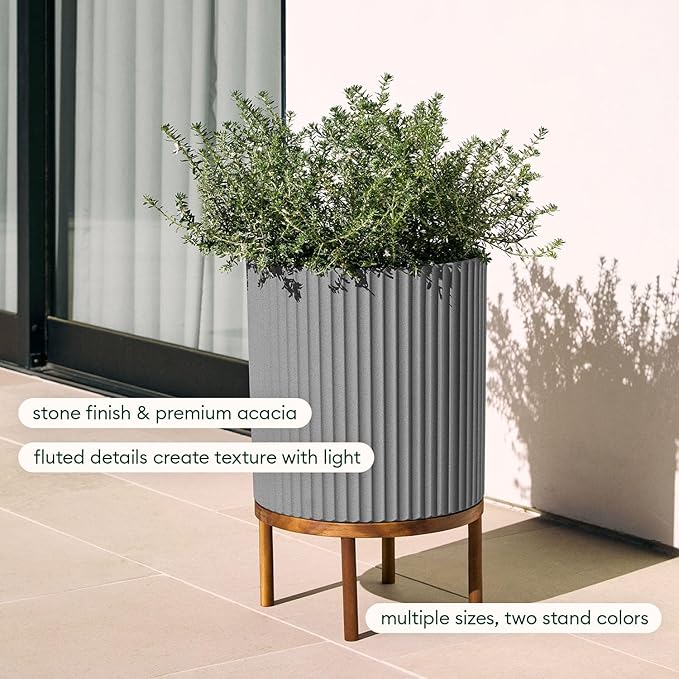 Veradek Demi Series Round Planter w/ Stand for Porch/Patio | Durable Plastic-Concrete & Wooden Stand | Modern Décor for Tall Plants, Flowers