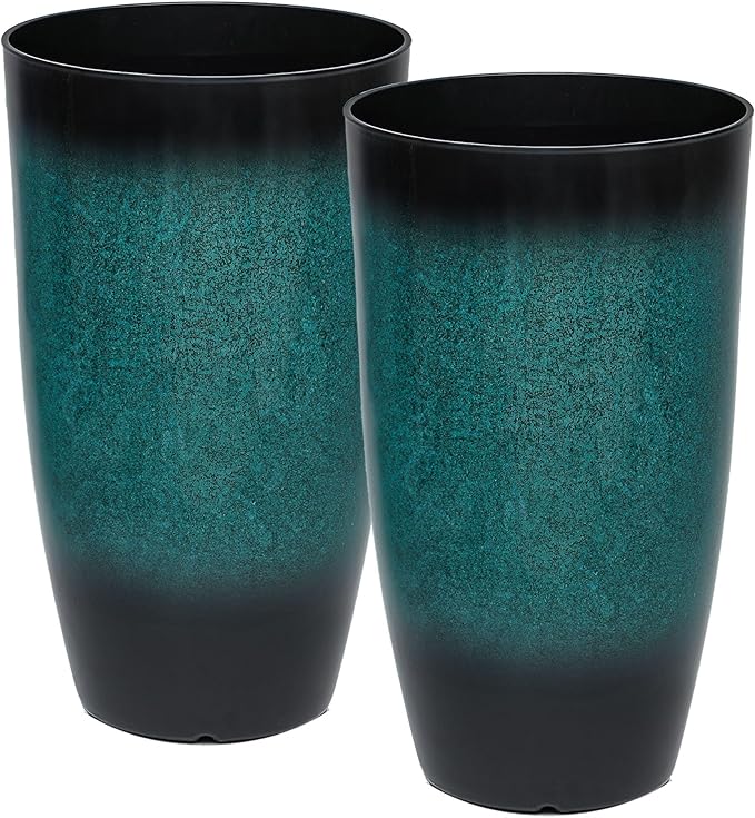 23.75" H Large Tall Outdoor Planters, Set of 2 Plastic Large Flower Pots for Outdoor Plants, Weather-Resistant for Porch, Garden, Patio or Indoor All Season Decor, Gradient Turquoise Finish