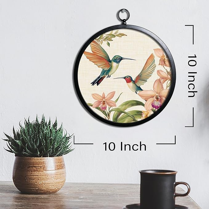 XIAOAIKA Vintage Wall Art with Metal Frame, Round Wood Print Featuring Hummingbirds and Orchid Flowers, Boho Wall Decor for Living Room, Bedroom, Kitchen, Hallway, 10 Inch