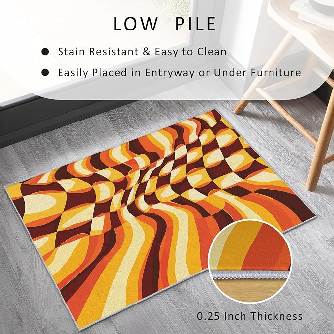70s Retro Throw Rugs 2x3, Orange Brown Abstract Washable 2 x 3 Indoor Door Mat for Entryway, Bedroom, Kitchen, Low Pile Non Slip Stain Resistant, 70s Orange Home Decor & M827