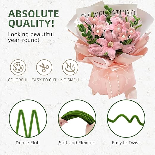 400 Pcs Pipe Cleaners Craft Kit, Pipe Cleaners Bulk Multicolors, Chenille Stems for DIY Flower Bouquet Making Kit with Tape, Floral Wires,Stamen & Ribbon, Pearls, Wrapping Paper(Pink)
