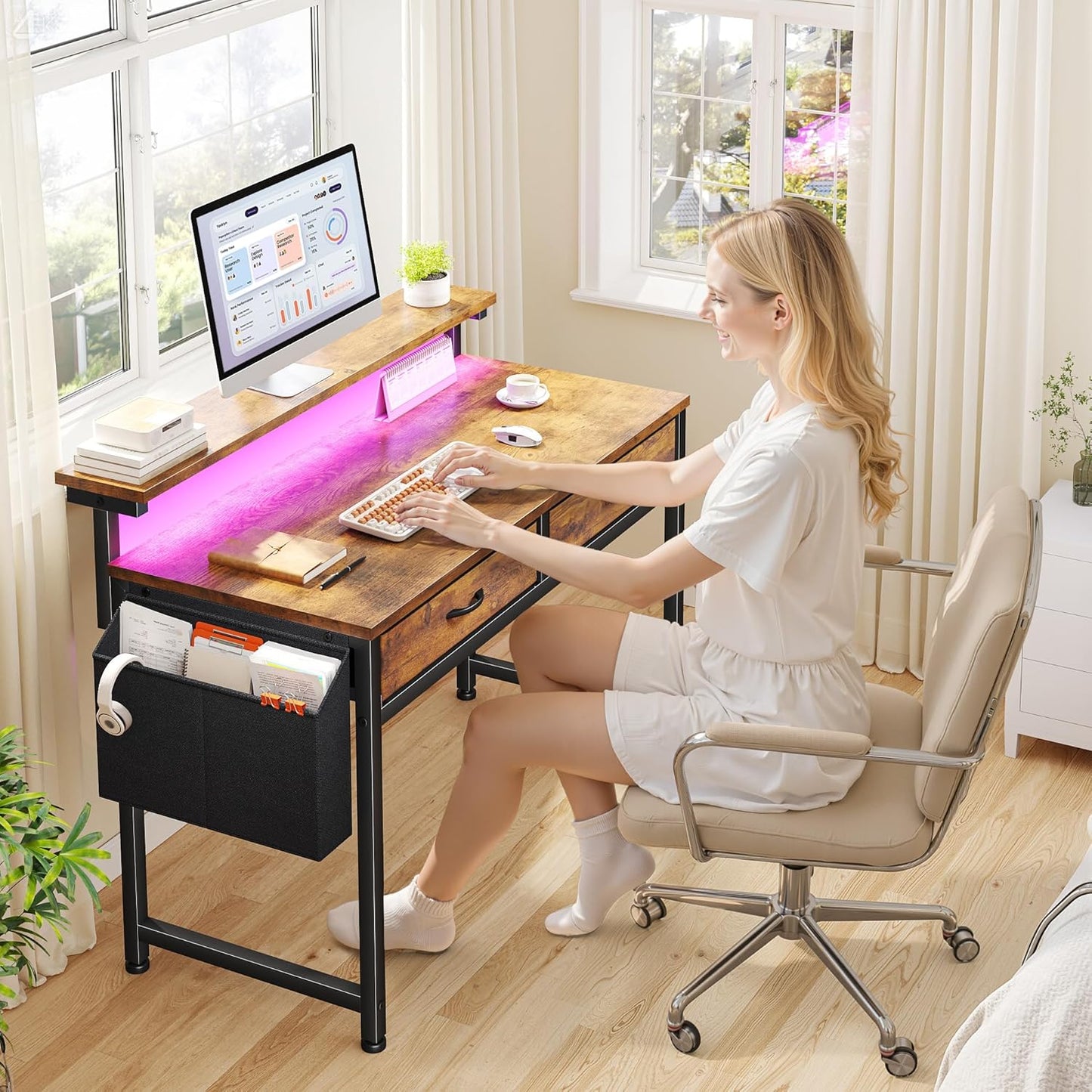 Skiennix Gaming Desk - LED Lights, 2 Drawers, Ergonomic Monitor Stand | Rustic Brown, 31.5 Inch