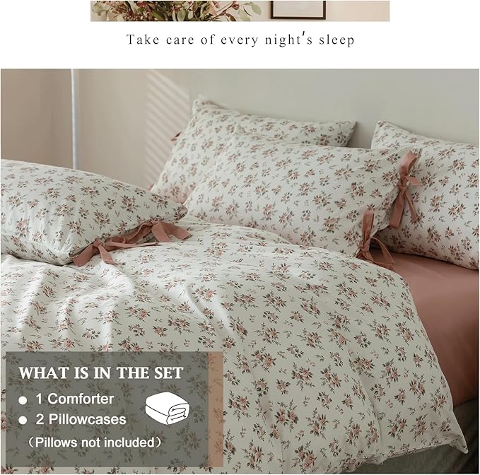 VM VOUGEMARKET Queen Comforter Set,Cottagecore Bedding Set,1 Peach Pink Flower Comforter with 2 Bowknot Pillowcases for All Seasons(3pcs,Queen)
