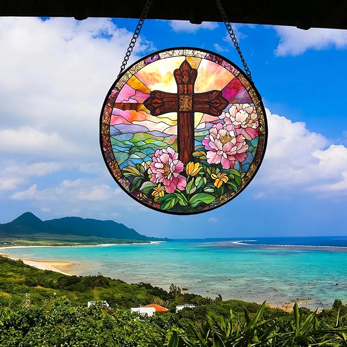 Christian Gifts for Women - Cross Stained Glass Window Hanging Jesus Easter Pink Flower Peony Sun Catcher Garden Religion Decor Mother's Day Catholic Gift for Men Grandma Mom Her Nana 6.3"