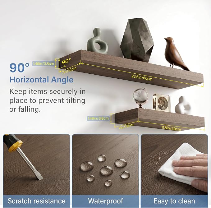 Floating Shelves for Wall, Bathroom Shelves Over Toilet, Wall Shelves & Book Shelf for Room, Hanging Shelf, Modern Wooden Mounted Floating Shelves, 24x7x1.5 in (Smoke Gray, Set of 3)