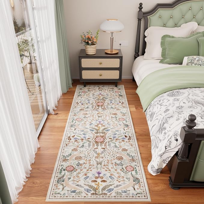 AMTOVO 2x6 Runner Rug for Hallway, Washable Non-Slip Long Kitchen Carpet, Floral Vintage Distressed Floor Mat for Hallways Entryway Living Room Laundry Room Bathroom Farmhouse, Beige