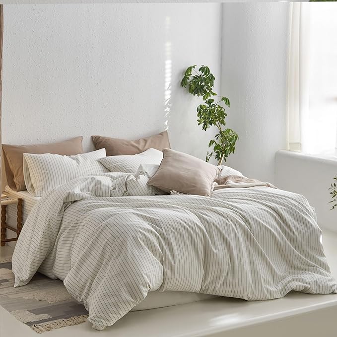 MooMee Striped Duvet Cover Set 100% Washed Cotton Linen Like Textured Breathable Durable Soft Comfy (White Sage Green Wide Stripes, Twin 68"x90")