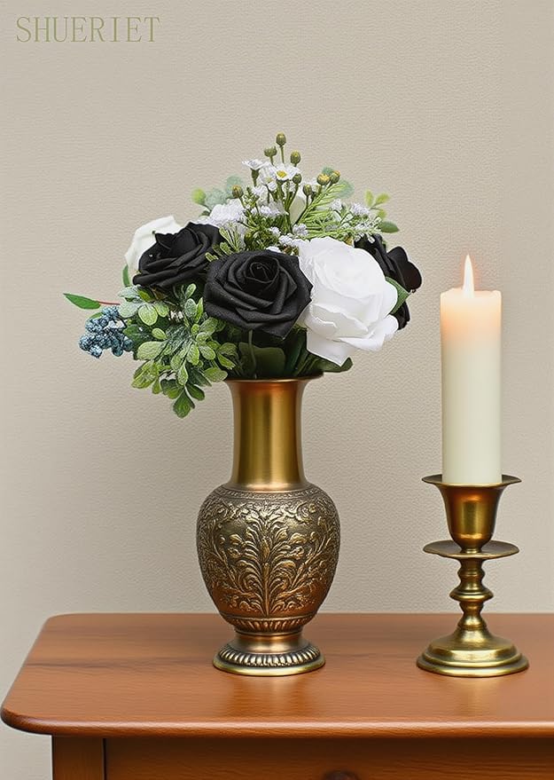 Black Artificial Roses 25pcs, Real Looking Fake Foam Flowers with Stems for DIY Gothic Wedding Bouquets, Centerpieces, Party, Halloween, Home Dark Decor