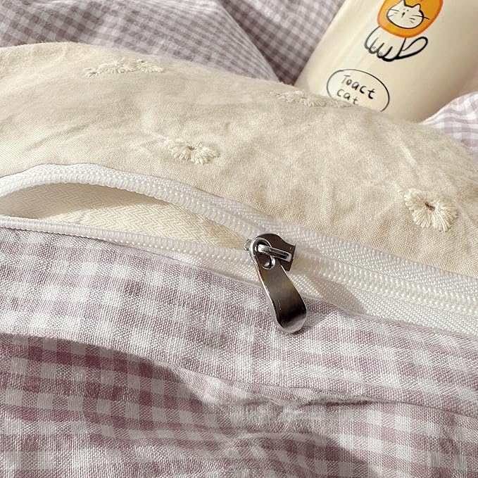 LifeTB Purple Gingham Duvet Cover Full Size Cozy Washed Microfiber Purple Checkered Plaid Duvet Cover with 2 Pillowcases Romantic White Lace Comforter Cover 3 Pieces Gingham Grid Bedding Set