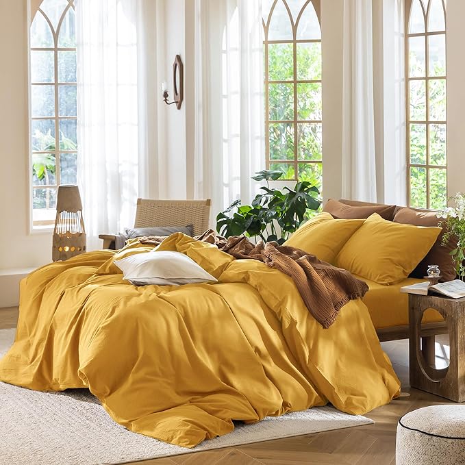 MooMee Bedding Duvet Cover Set 100% Washed Cotton Linen Like Textured Breathable Durable Soft Comfy (Solid Yellow, Twin 68"x90")